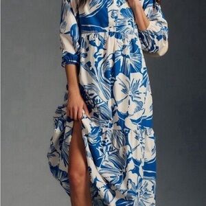 Anthropologie Maeve The Bettina in Blue White Floral Cotton Shirt Dress